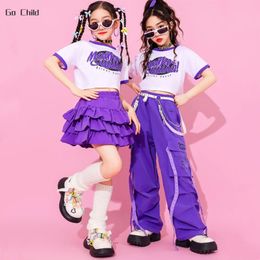 Girls Hip Hop Crop Top Cargo Pants Tiered Skirts Children Summer Clothes Sets Kids Lovely Streetwear Jazz Street Dance Costumes 240516