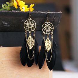 Bohemian Ethnic Dream Catcher Feather Long Earrings For Women Vintage Hollow Geometric Round Leaf Chain Drop Dangle Earrings