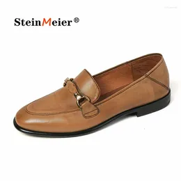 Casual Shoes Brogue Women Genuine Cow Leather Loafers Round Toe Slip On Metal Vintage Ladies Flats Handmade