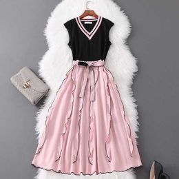 Basic Casual Dresses 2024 Summer Sleeveless v Neck Black Pink Contrast Colour Chiffon Belted Panelled Mid-calf Dress Elegant Casual Dresses 1a1984383d213