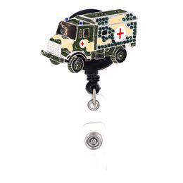 Cute Key Rings Green Car Bus Rhinestone Retractable Medical ID Badge Holder Yoyo Pull Reel Doctors ID Name Card for Gift 311G