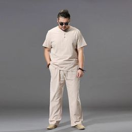Large Size Men Clothing Big Tracksuit Suit Linen Overweight T-shirt Casual Male Elastic Waist Band 6XL 7XL 8XL 9XL Big Two Set 240517