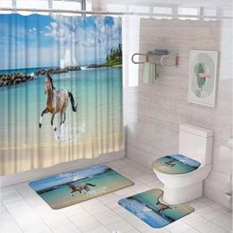 Shower Curtains Ocean Beach Horse Set Animal Natural Scenery Bathroom Screen Decor Non-Slip Carpet Toilet Cover Floor Bath Mats