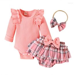 Clothing Sets Born Baby Girl Romper Set Cute Long Sleeve Plaid Shorts With Headband 3Pcs Outfit Spring Casual