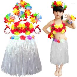 Decorative Flowers Selling Kids Hawaiian Hula Grass Skirt Lei Set Headwear Bracelet Garland Leis Party Decoration