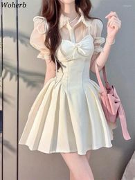 Casual Dresses Sexy Dress Suit Fashion Korean Two Piece Set For Women See Throught Short Blouse Bodycon Mini Outfits Chic Y2k Sets