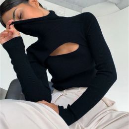 Sexy Hollow Out Slim Women Sweater Winter Turtleneck Long Sleeve Knitting Ribbed Pullover Soft Warm Grey Casual Jumper 2022 New