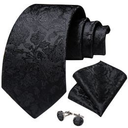 Luxury Black Solid Paisley Tie Set Pocket Square Cufflinks 8cm Jacquard Woven Silk Wedding Party Neck Tie for Men Accessories