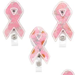 Key Rings 10 Pcs/Lot Custom Office Supply 3 Style Pink Ribbon Breast Cancer Awareness Dried Flower Resin Badge Clip Retractable Drop Dhrpa