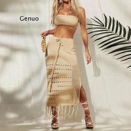 Work Dresses Hollow Out Beach Skirt Sets Women Two Piece Set Bikini Blouse Wrap Chest Long Lace-Up Tassel Beachwear