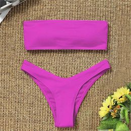 Women's Swimwear Woman 2 Piece Swimsuit Strapless Bikini Solid Sexy Set Female High Waist Push Up Biquini Pink Blue