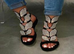 Designer Women Slipper Sandal Fashion Summer Flat Bottom Butterfly Rhinestone Sandals Top Quality Flat Shoes Ladies Flip Flops Siz2105766