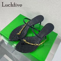 Slippers Black Classics Real Leather Gold Chain Women's Flip Flops High Heel Mules Brand Casual Outside Summer Dress Shoes Mujer