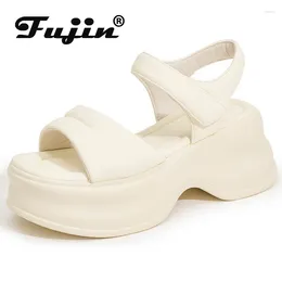 Dress Shoes Fujin 8.5cm Microfiber Leather Boots Comfy Rubber Flats Breathable Peep Toe Women Slippers Sandals Summer Slipper Hollow