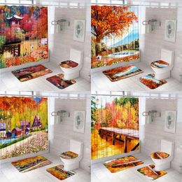 Shower Curtains Autumn Garden Scenery Curtain Set Park Flower Yellow Fallen Leaves Bathroom Non-Slip Bath Mat Rug Toilet Covers