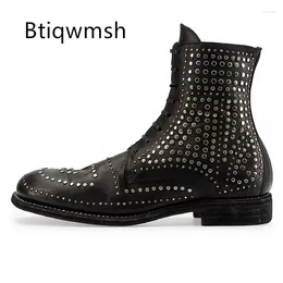 Casual Shoes Luxury Ankle Boots Man Pointed Toe Rivet Black Real Cow Leather Flats Male Fashion Loafer