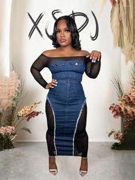 Work Dresses Womens 2 Piece Outfit Set Sexy Tights Off Shoulder Transparent Top With Mesh Sleeves Nigth Club Denim Skirt Bodycon