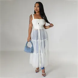 Casual Dresses Solid Mesh Patchwork Spaghetti Straps Long Dress Women Summer Sexy Strapless Buttons Fit Flare Maxi Party Robe