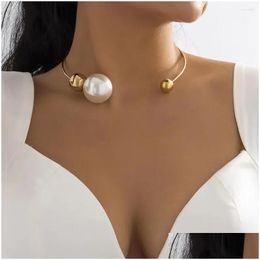 Chokers Choker European And American Cross-Border Jewellery Personality Metal Ring Collar Simple Asymmetrical Imitation Pearl Bead Neckl Dhsly