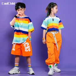 Girls Striped Crop Top Cargo Pants Skirts Boys Hip Hop Rainbow T-shirt Street Dance Shorts Children Streetwear Kids Jazz Costume