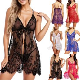 Bras Sets Plus Size Nightgown Women Deep V-Neck Sexy See Though Underwear Lace Mesh Backless Lingerie Femme Sleeveless Slit Pajamas