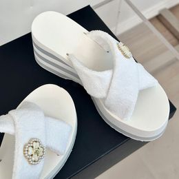 Womens Cross-Tied Sandals Slingbacks Wedge Platform Heels 6cm Slippers With Strass Faux Pearl Slides Ladies Outdoor Beach Shoe Mules Gray Navy blue Leisure Shoe
