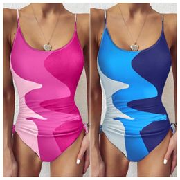 Women's Swimwear Rose Printed Colour Block Drawstring Sides One Piece Swimsuit Swimdress Sexy O Neck Sleeveless Tank S-XL Bathing Suit