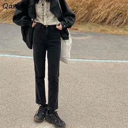 Women's Jeans Women Black Slim Straight Ladies Empire Retro Preppy Style Vintage Simple Solid Denim Bottom Mujer Ulzzang Soft