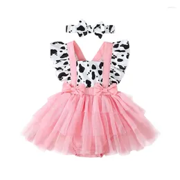 Rompers Pudcoco Infant Born Baby Girls Summer Romper Dress Flying Sleeve Cow Print Tulle Patchwork With Headband 0-24M