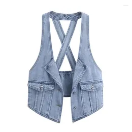 Women's Tanks 2024 Summer Women Short Sleeveless Denim Vests Jackets Backless Suspenders Waistcoat Casual Tops Lady Jeans Tank Outerwear