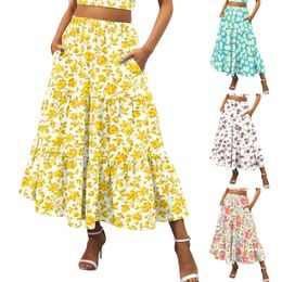 Bohemian Floral Print Skirt Women Summer Beach Faldas Mujer Elastic Waist Holiday Flowy ALine Skirts With Pockets 240524