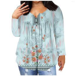 Women's T Shirts Long Sleeve Loose Casual Plus Size Tops Print Button Pleated For Women Fashion Simple Autumn/Winter