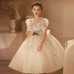 Lovely Ball Gown Flower Girls Dresses princess white sequined lace Appliques Kids Birthday Party Dress bling Flower Child Prom Gown Kids Photoshoot Baby new Gowns
