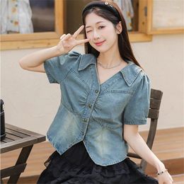 Women's Jackets Summer Vintage Denim Short-Sleeved Blouse Women Fashion V-Neck Jean Short Shirt Female Single-Breasted Loose Top B328