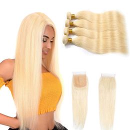 Peruvian Human Hair 613# Blonde Straight Remy 5 Pieces One Set Hair Bundles With 4X4 Lace Closure Silky Straight 613 Blonde Hair Wjnef