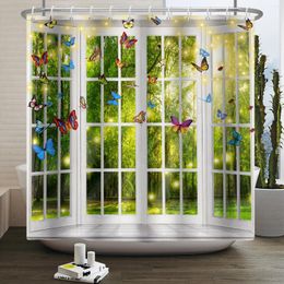 Shower Curtains Window Curtain Spring Scene Butterfly Flower Bathroom Fabric Restroom Decor Waterproof With Hook