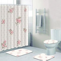 Shower Curtains Girly Polka Dots Shabby Chic Style Pink Roses Curtain Set For Bathroom Vintage Floral Flowers Bath Mats Toilet Home Decor