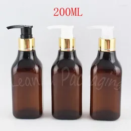 Storage Bottles 200ML Brown Square Plastic Bottle With Gold Lotion Pump 200CC / Shampoo Packaging Empty Cosmetic Container