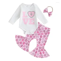 Clothing Sets Baby Girls Valentine's Day Outfits Letter Print Long Sleeve Rompers Heart Donut Flare Pants Headband 3Pcs Fall Clothes Set