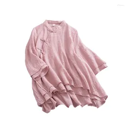 Women's Polos Artistic Double-Layer Cotton And Linen Tulle Stand Collar Oblique Cardigan Buckle Three-Quarter Sleeve Top Spring