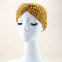 Retro Warmer Ear Winter Knitted Headband Turban For Women Crochet Bow Wide Stretch Solid Hairband Lady Headwrap Hair Accessories