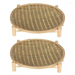 Plates 2X Handmade Woven Bamboo Fruit Basket Bread Organiser Kitchen Storage Decorative Round Plate With Bracket