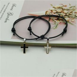 Charm Bracelets 2 Pcs/Lot Cross Couple Bracelet New Fashion White Black Colour Gift For Friend Lover Handmade Trendy Jewellery Drop Deli Dhm6E