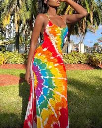 Casual Dresses Elegant For Women 2024 U-Neck Spaghetti Strap Tie Dye Print Sleeveless Slit Maxi Dress Vacation Fashion