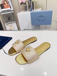 Fashion Women Monolith Slippers Sandals Beach Fun Trendy Flats Sliders Italy Delicate Rubber Gold Nylon Weaving Slides Designer Summer Banquet Slipper Box EU 35-43