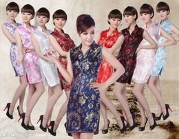 Short sleeveless Sexy cheongsam qipao Standup V collar chinese style dress Faux Silk Women Dress 9 color2240545