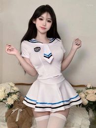 Work Dresses Women's Sailor Collar Short Sleeve Tight Fitting Pleated Skirt Suit Campus Student Clothing JK Uniform White Two Piece Set V2GF