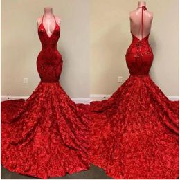 2022 Sexy Backless Red Evening Dresses Halter Deep V Neck Lace Appliques Mermaid Prom Dress Rose Ruffles Special Occasion Party Gowns B 2501