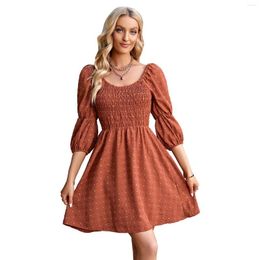 Casual Dresses Plain Colour Summer Dress Swiss Dots Lantern Sleeve Flared Hem For Women Shirred A-line Short Robe Femme