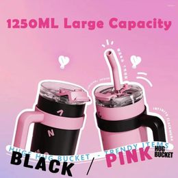 Water Bottles Kpop 1200ml Stainless Steel Belly Cup Black&Pink Thermal Straw Bottle Portable Coffee Drink Ware High Capacity Travel Mug